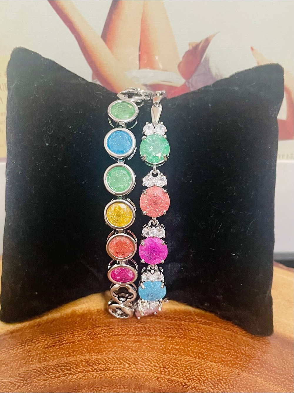 Multicolor Candy CZ Tennis Bracelet Druzy Bezel Set White Gold Filled NWOT - Picture 5 of 8